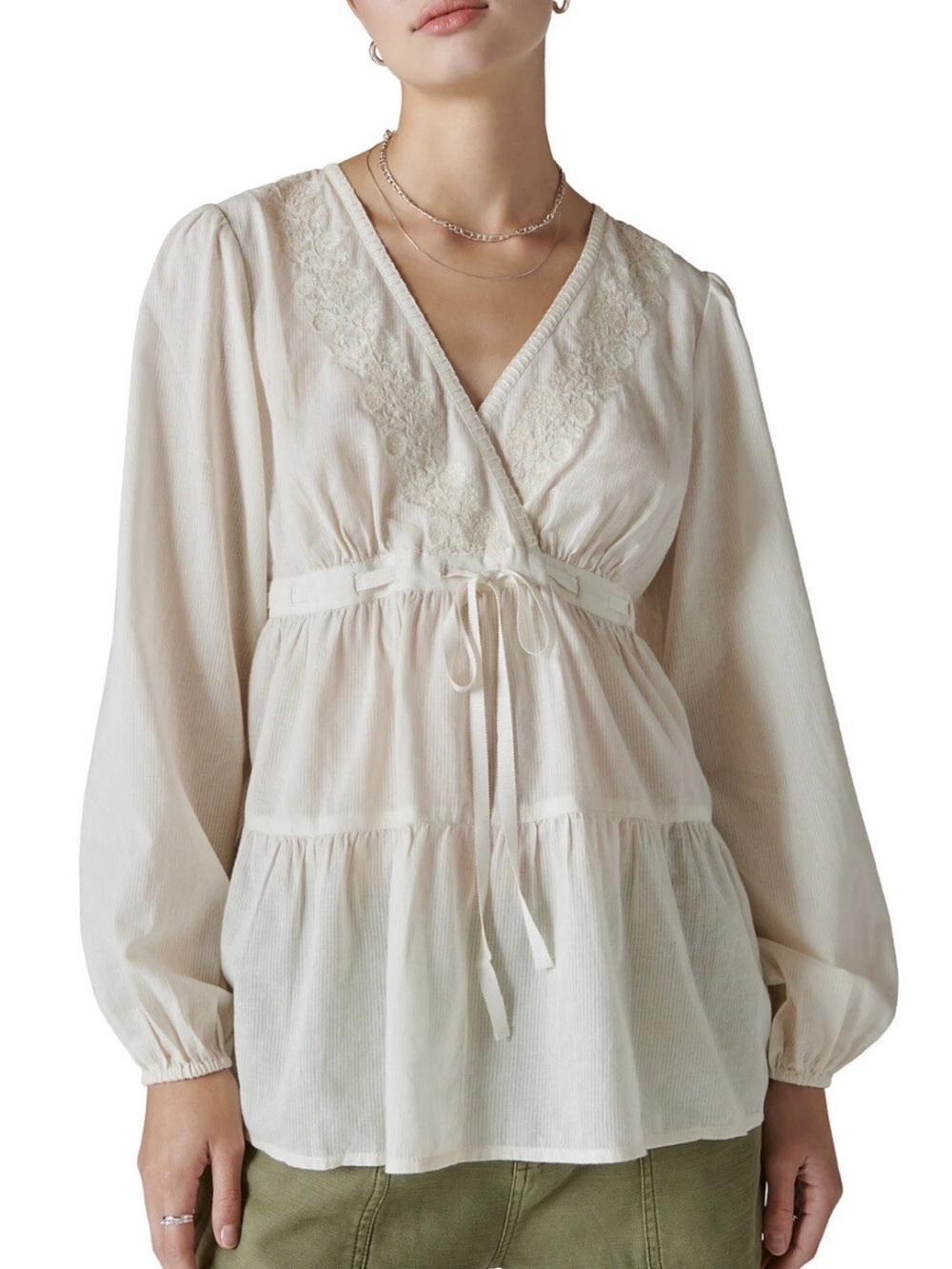 NWT Lucky Brand Embroidered Babydoll Ivory White Top